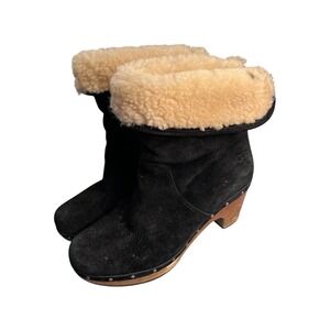 UGG Australia Lynnea Black Suede Shearling Clog Boots Wooden Heel 1955 Size 7